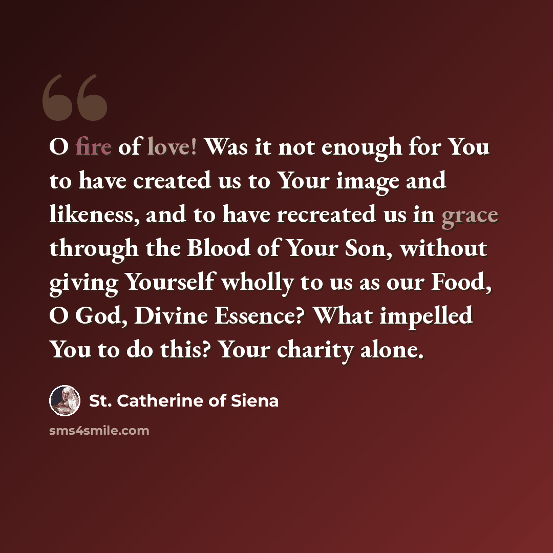 “O fire of love! Was it not enough for You to have created us to Your image and likeness, and to have recreated us in grace through the Blood of Your Son, without giving Yourself wholly to us as our Food, O God, Divine Essence? What impelled You to do this? Your charity alone.” quote by St. Catherine of Siena