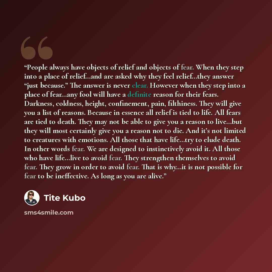 “People always have objects of relief and objects of fear. When they step into a place of relief…and are asked why they feel relief…they answer “just because.” The answer is never clear. However when they step into a place of fear…any fool will have a definite reason for their fears. Darkness…” quote by Tite Kubo