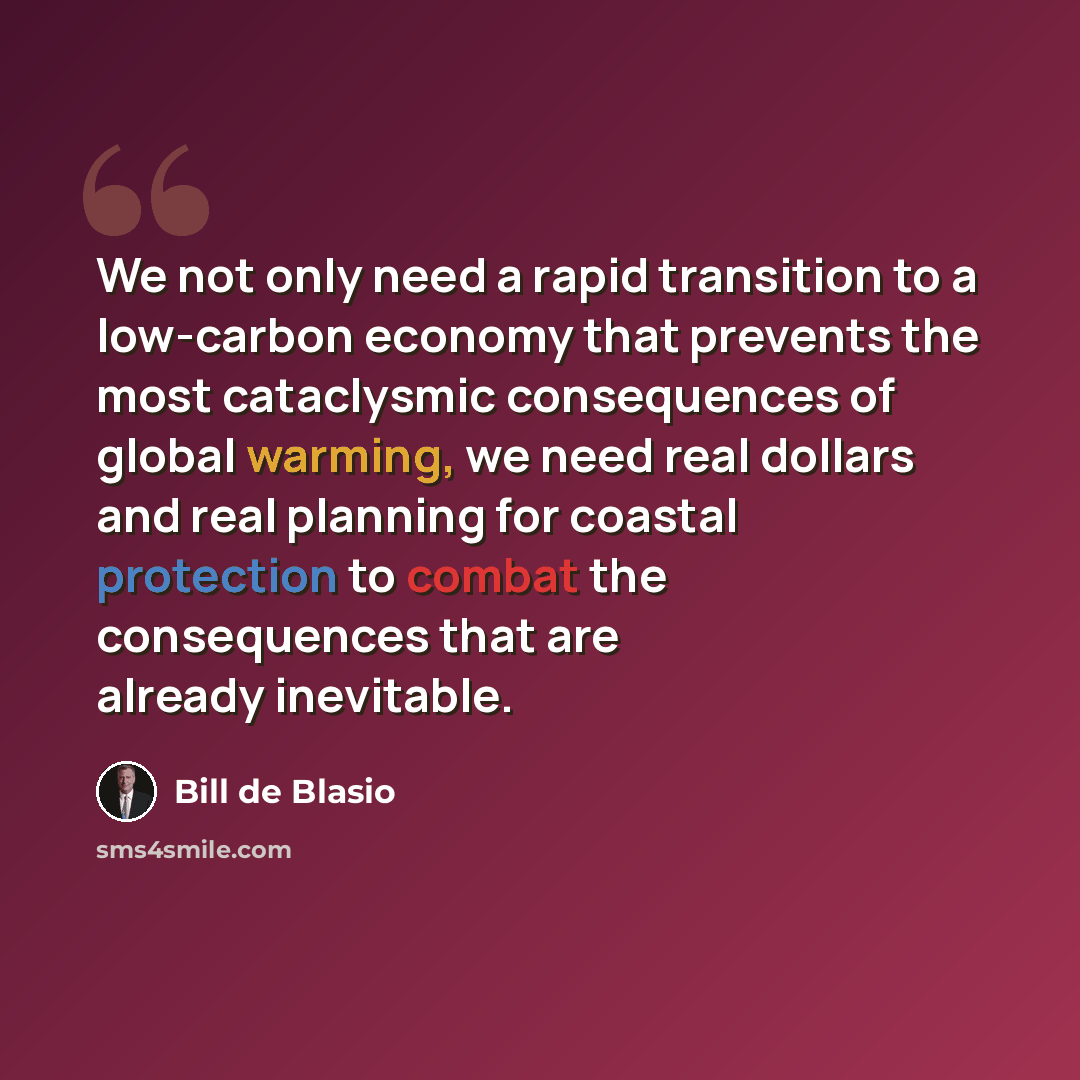 “We not only need a rapid transition to a low-carbon economy that prevents the most cataclysmic consequences of global warming, we need real dollars and real planning for coastal protection to combat the consequences that are already inevitable.” quote by Bill de Blasio