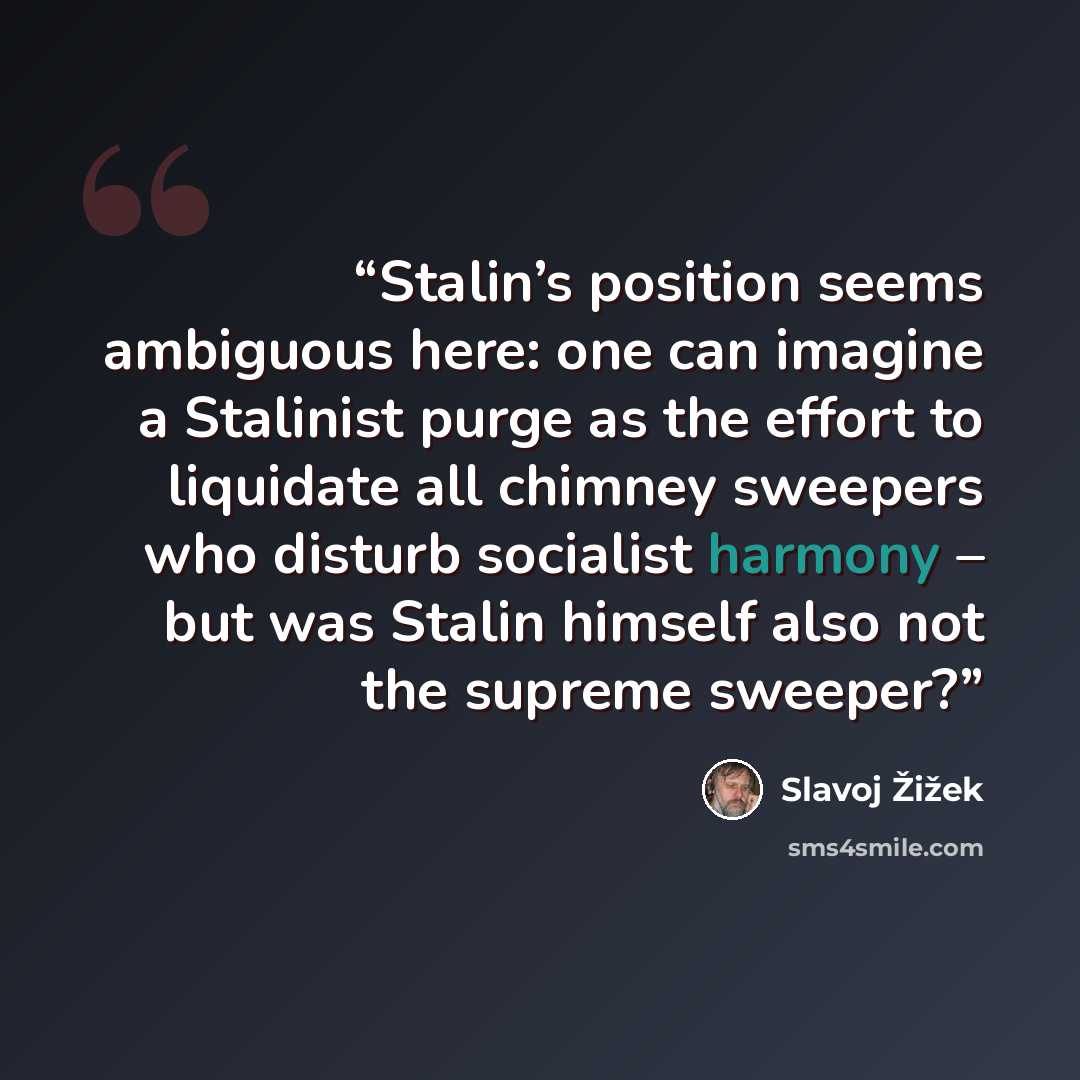 “Stalin’s position seems ambiguous here: one can imagine a Stalinist purge as the effort to liquidate all chimney sweepers who disturb socialist harmony – but was Stalin himself also not the supreme sweeper?” quote by Slavoj Žižek
