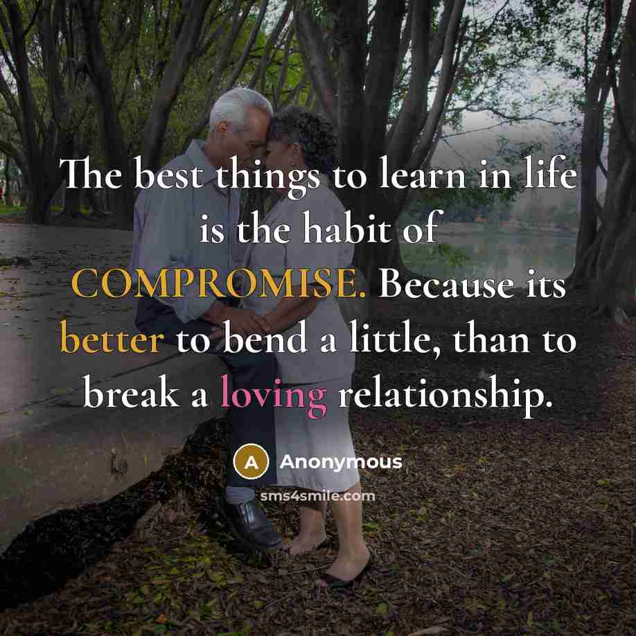 “The best things to learn in life is the habit of COMPROMISE. Because its better to bend a little, than to break a loving relationship.” quote by Anonymous