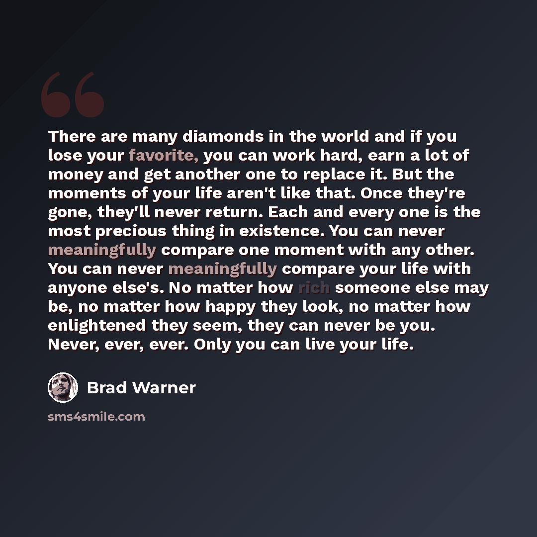 “There are many diamonds in the world and if you lose your favorite, you can work hard, earn a lot of money and get another one to replace it. But the moments of your life aren't like that. Once they're gone, they'll never return. Each and every one is the most precious thing in existence. You can…” quote by Brad Warner