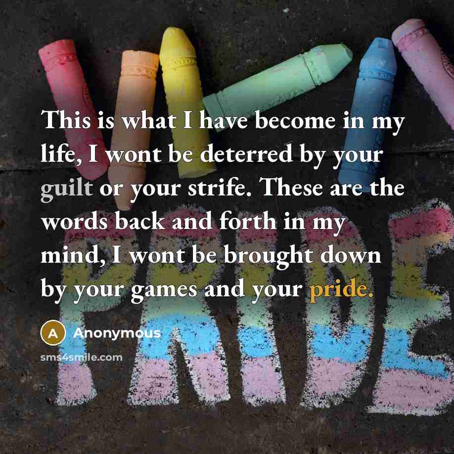 “This is what I have become in my life, I wont be deterred by your guilt or your strife. These are the words back and forth in my mind, I wont be brought down by your games and your pride.” quote by Anonymous