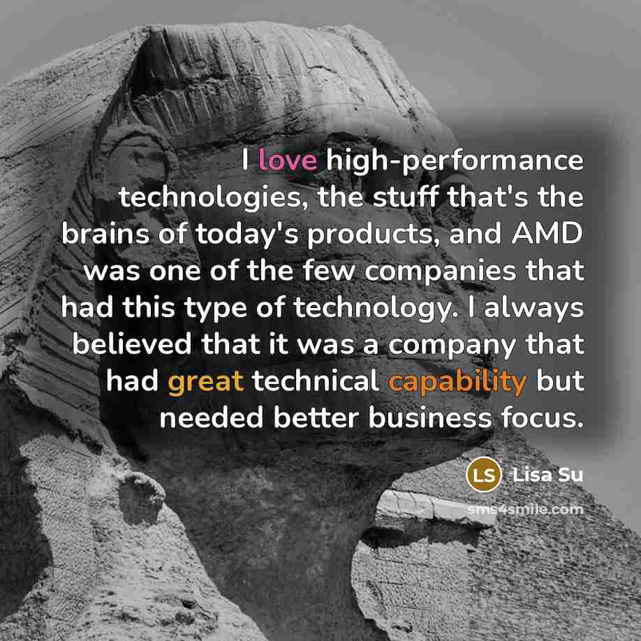 “I love high-performance technologies, the stuff that's the brains of today's products, and AMD was one of the few companies that had this type of technology. I always believed that it was a company that had great technical capability but needed better business focus.” quote by Lisa Su