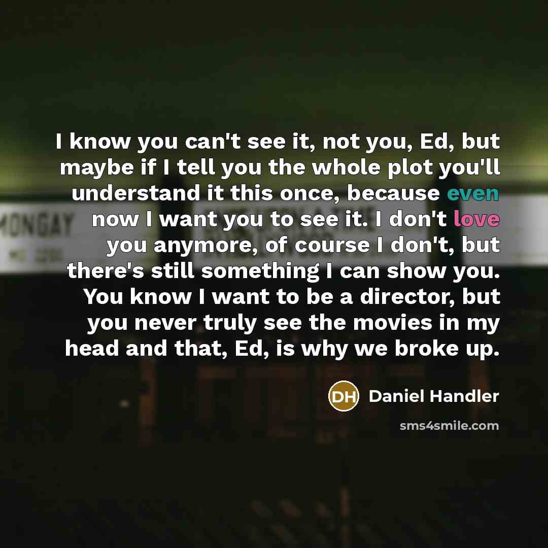 “I know you can't see it, not you, Ed, but maybe if I tell you the whole plot you'll understand it this once, because even now I want you to see it. I don't love you anymore, of course I don't, but there's still something I can show you. You know I want to be a director, but you never truly see the…” quote by Daniel Handler
