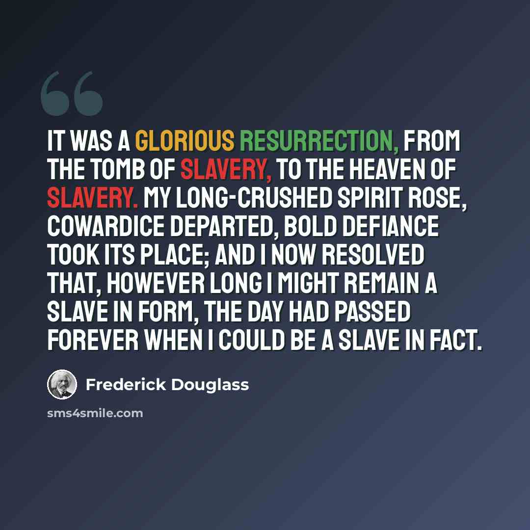 “It was a glorious resurrection, from the tomb of slavery, to the heaven of slavery. My long-crushed spirit rose, cowardice departed, bold defiance took its place; and I now resolved that, however long I might remain a slave in form, the day had passed forever when I could be a slave in fact.” quote by Frederick Douglass