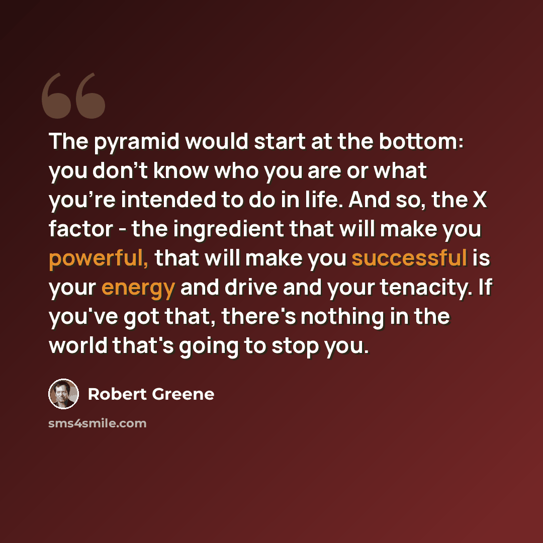 “The pyramid would start at the bottom: you don't know who you are or what you're intended to do in life. And so, the X factor - the ingredient that will make you powerful, that will make you successful is your energy and drive and your tenacity. If you've got that, there's nothing in the world…” quote by Robert Greene