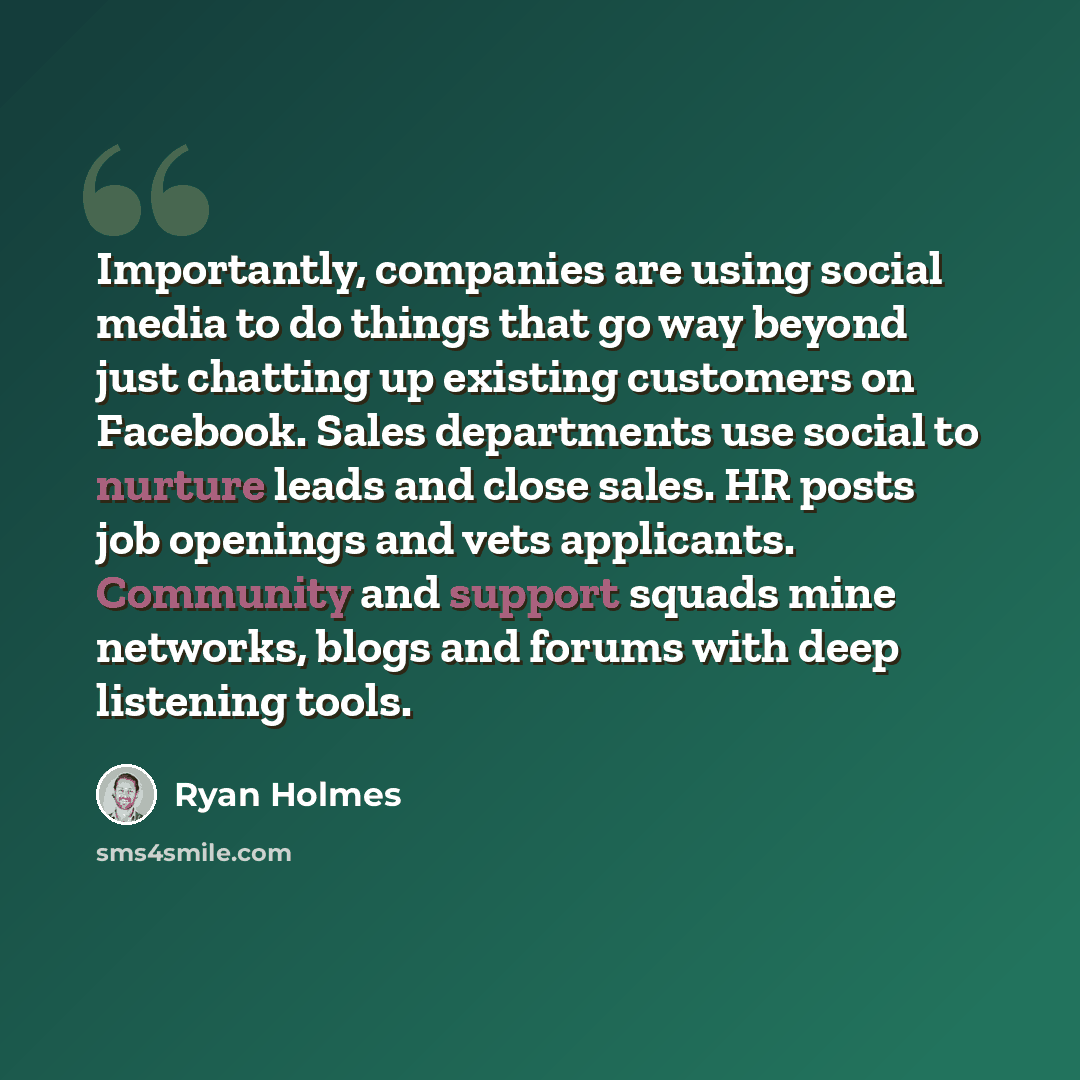“Importantly, companies are using social media to do things that go way beyond just chatting up existing customers on Facebook. Sales departments use social to nurture leads and close sales. HR posts job openings and vets applicants. Community and support squads mine networks, blogs and forums with…” quote by Ryan Holmes