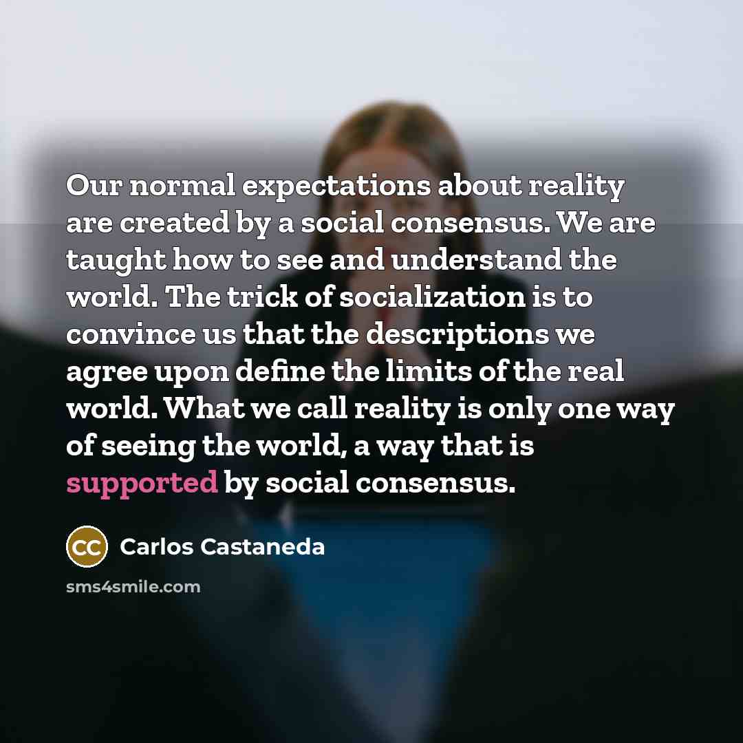 “Our normal expectations about reality are created by a social consensus. We are taught how to see and understand the world. The trick of socialization is to convince us that the descriptions we agree upon define the limits of the real world. What we call reality is only one way of seeing the…” quote by Carlos Castaneda