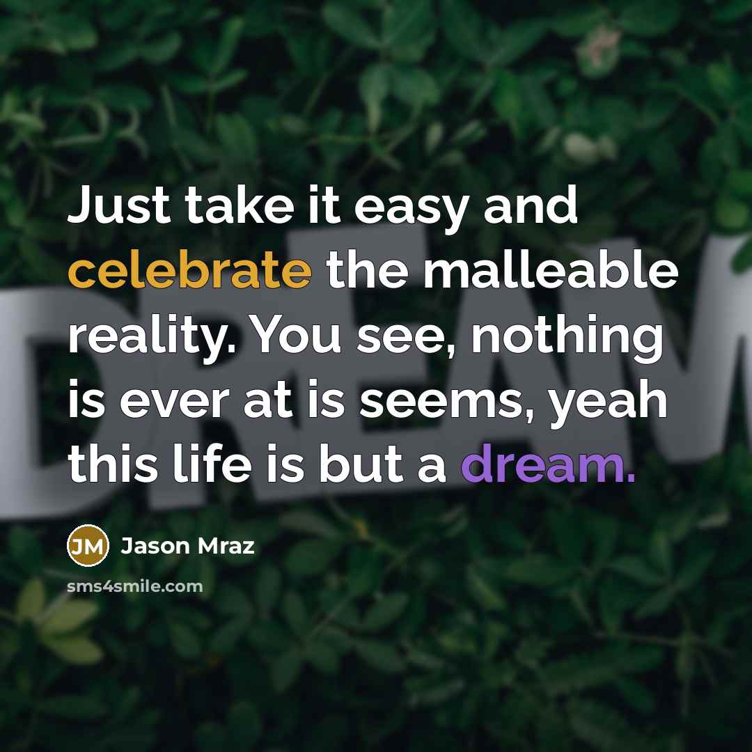 “Just take it easy and celebrate the malleable reality. You see, nothing is ever at is seems, yeah this life is but a dream.” quote by Jason Mraz