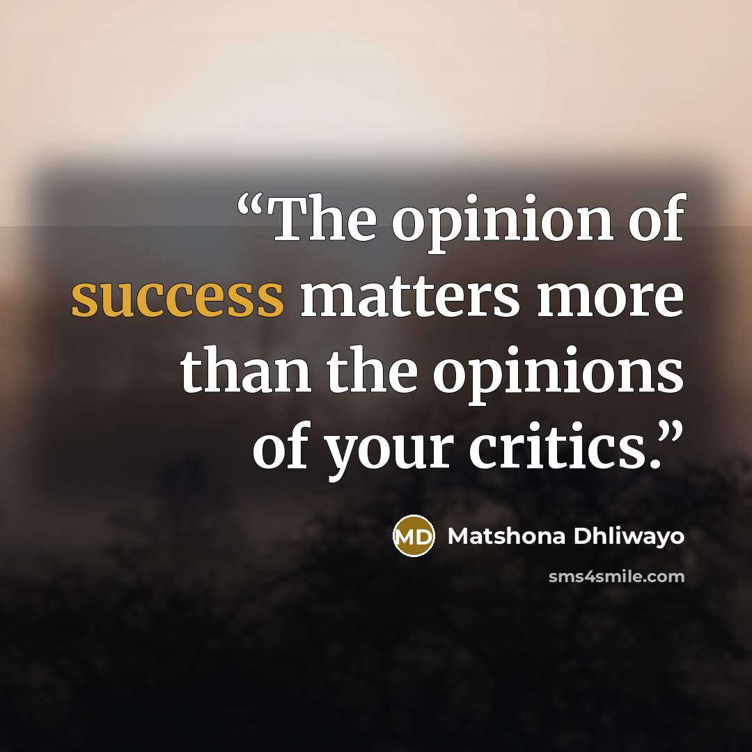 “The opinion of success matters more than the opinions of your critics.” quote by Matshona Dhliwayo