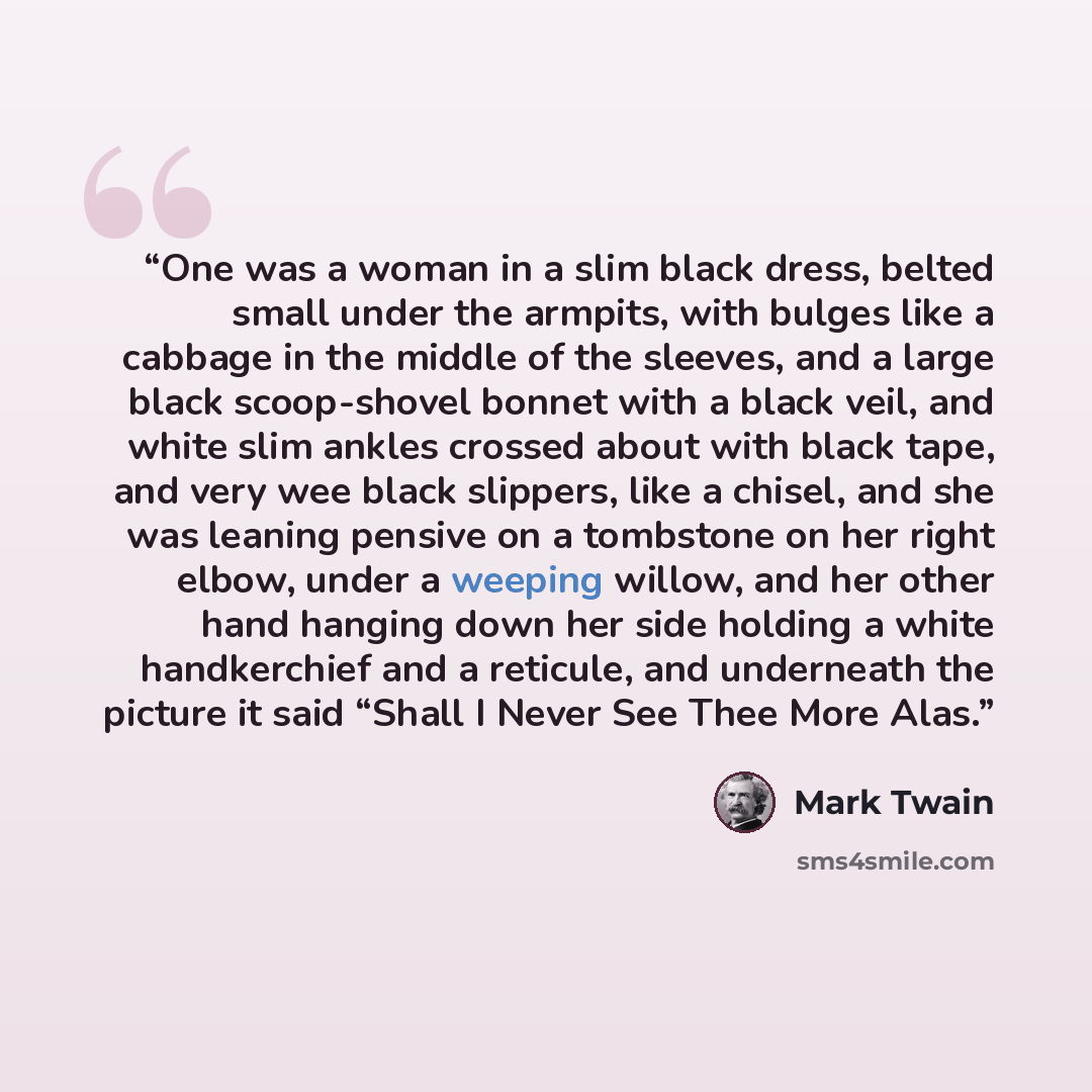 “One was a woman in a slim black dress, belted small under the armpits, with bulges like a cabbage in the middle of the sleeves, and a large black scoop-shovel bonnet with a black veil, and white slim ankles crossed about with black tape, and very wee black slippers, like a chisel, and she was…” quote by Mark Twain