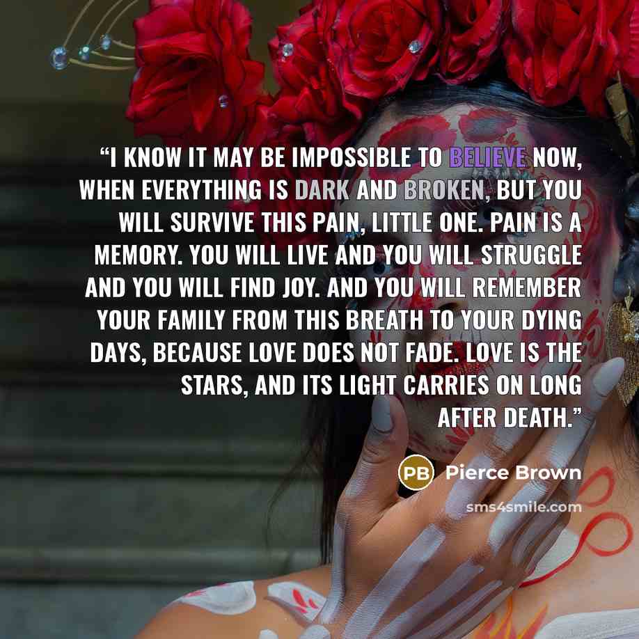 “I know it may be impossible to believe now, when everything is dark and broken, but you will survive this pain, little one. Pain is a memory. You will live and you will struggle and you will find joy. And you will remember your family from this breath to your dying days, because love does not…” quote by Pierce Brown