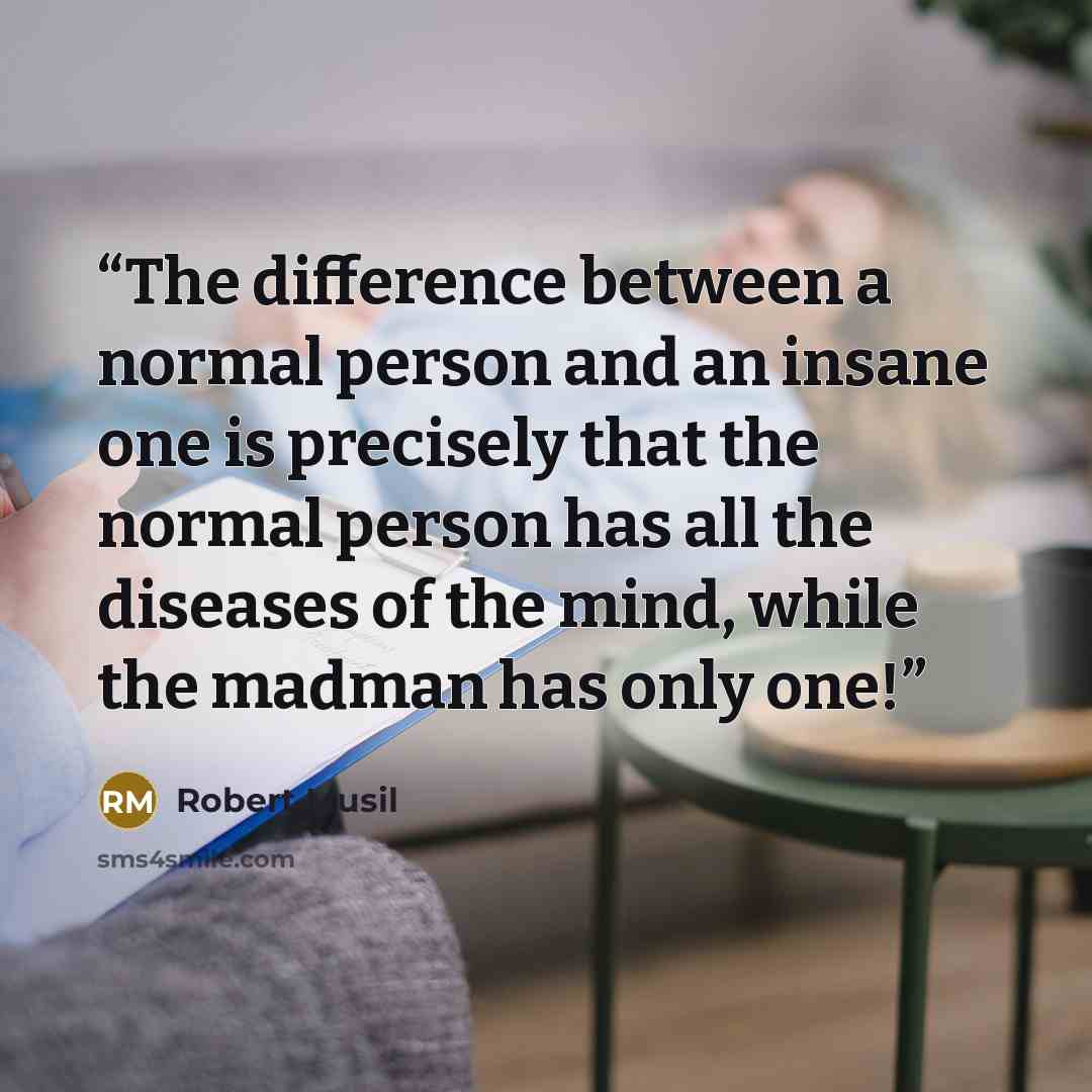 “The difference between a normal person and an insane one is precisely that the normal person has all the diseases of the mind, while the madman has only one!” quote by Robert Musil