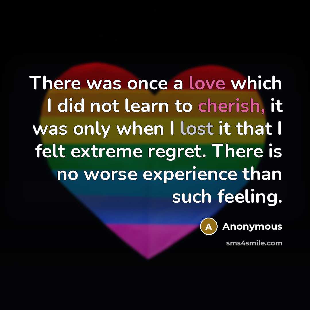 “There was once a love which I did not learn to cherish, it was only when I lost it that I felt extreme regret. There is no worse experience than such feeling.” quote by Anonymous