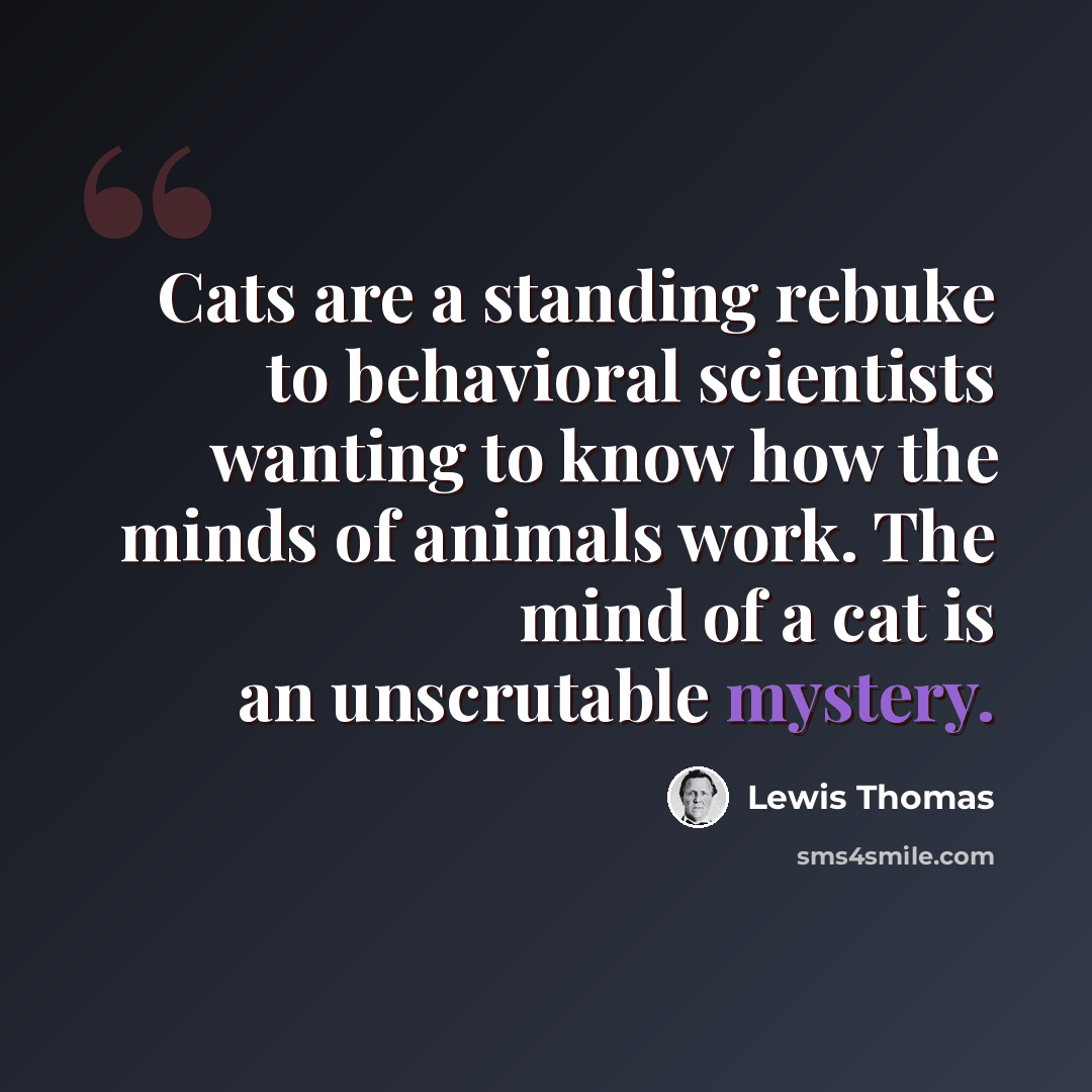 “Cats are a standing rebuke to behavioral scientists wanting to know how the minds of animals work. The mind of a cat is an unscrutable mystery.” quote by Lewis Thomas