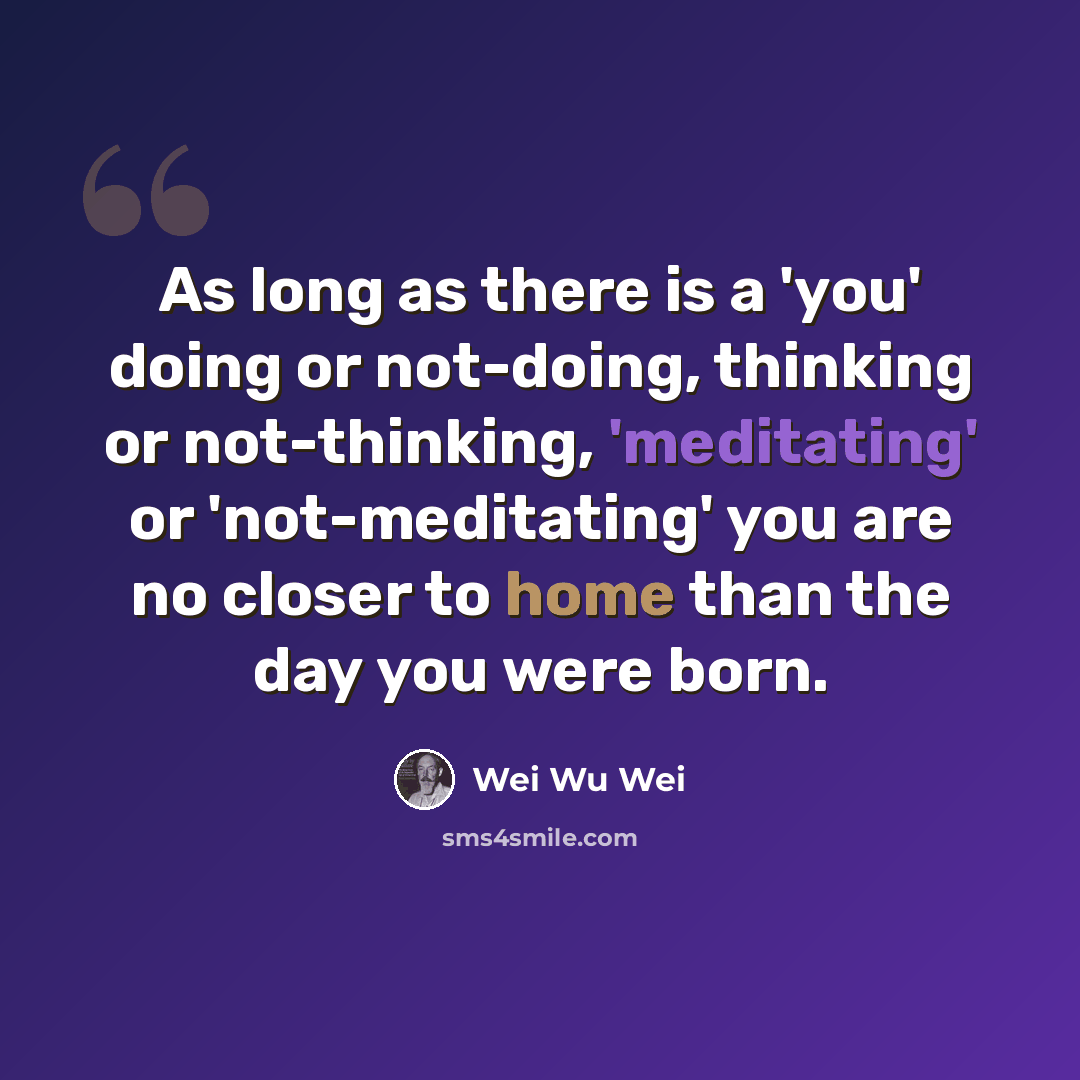 “As long as there is a 'you' doing or not-doing, thinking or not-thinking, 'meditating' or 'not-meditating' you are no closer to home than the day you were born.” quote by Wei Wu Wei