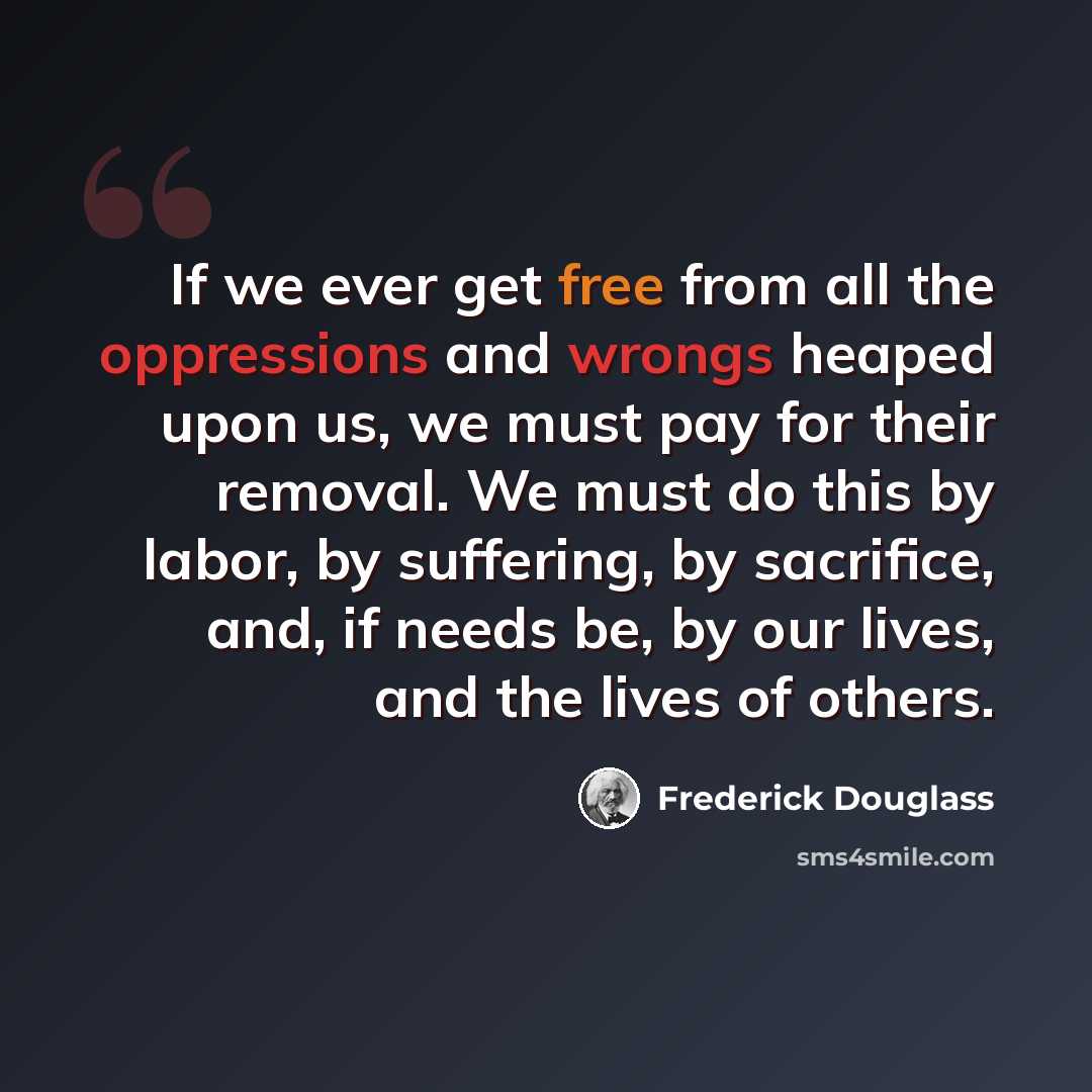 “If we ever get free from all the oppressions and wrongs heaped upon us, we must pay for their removal. We must do this by labor, by suffering, by sacrifice, and, if needs be, by our lives, and the lives of others.” quote by Frederick Douglass