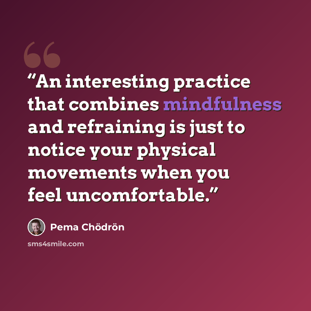 “An interesting practice that combines mindfulness and refraining is just to notice your physical movements when you feel uncomfortable.” quote by Pema Chödrön