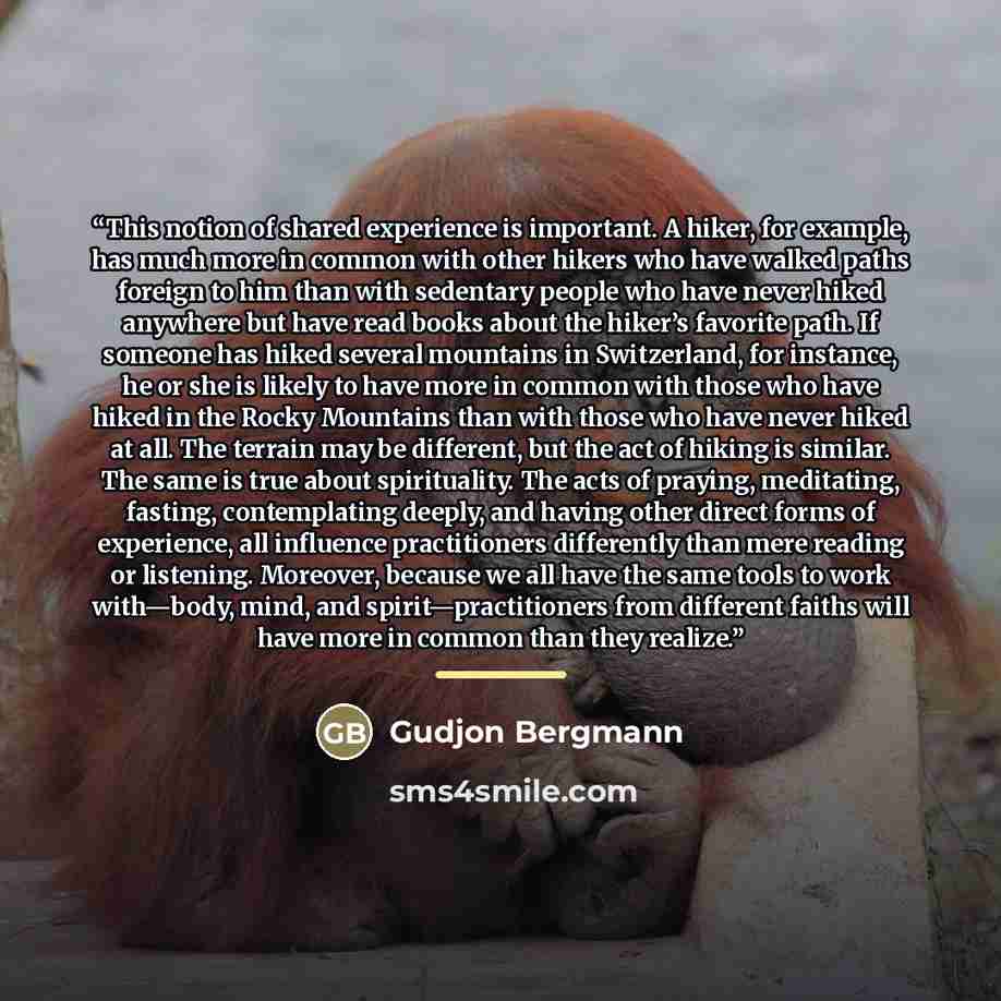 “This notion of shared experience is important. A hiker, for example, has much more in common with other hikers who have walked paths foreign to him than with sedentary people who have never hiked anywhere but have read books about the hiker’s favorite path. If someone has hiked several mountains…” quote by Gudjon Bergmann