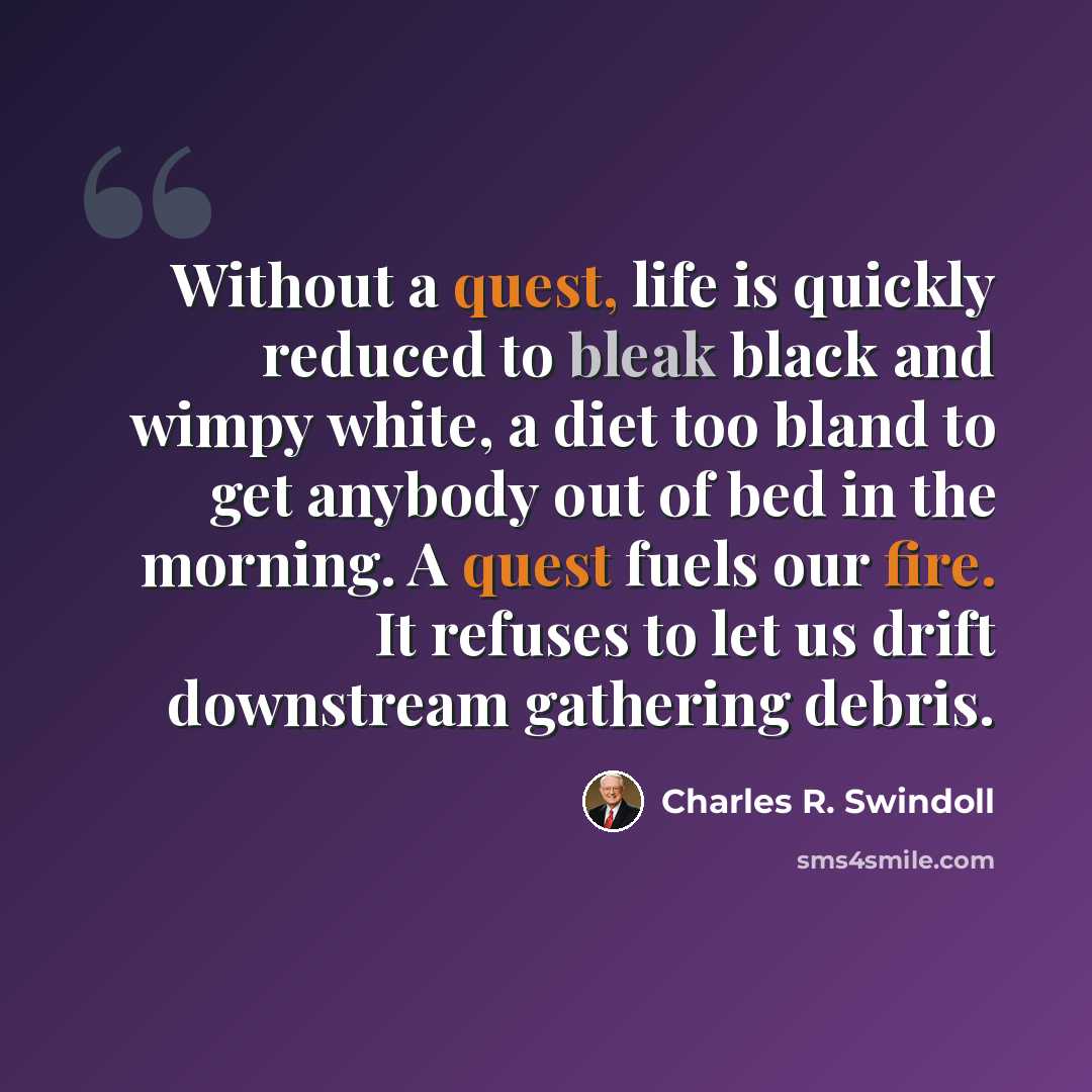 “Without a quest, life is quickly reduced to bleak black and wimpy white, a diet too bland to get anybody out of bed in the morning. A quest fuels our fire. It refuses to let us drift downstream gathering debris.” quote by Charles R. Swindoll