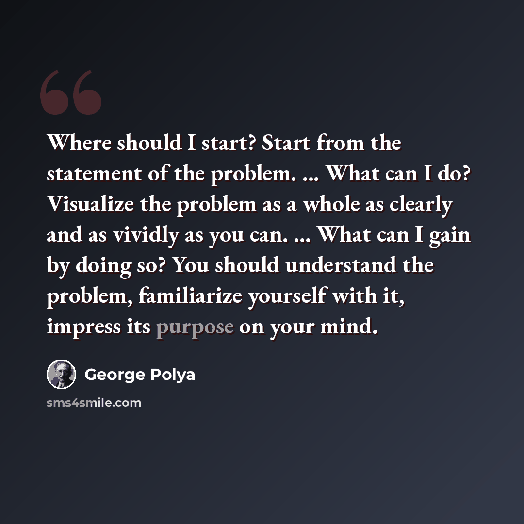 “Where should I start? Start from the statement of the problem. ... What can I do? Visualize the problem as a whole as clearly and as vividly as you can. ... What can I gain by doing so? You should understand the problem, familiarize yourself with it, impress its purpose on your mind.” quote by George Polya