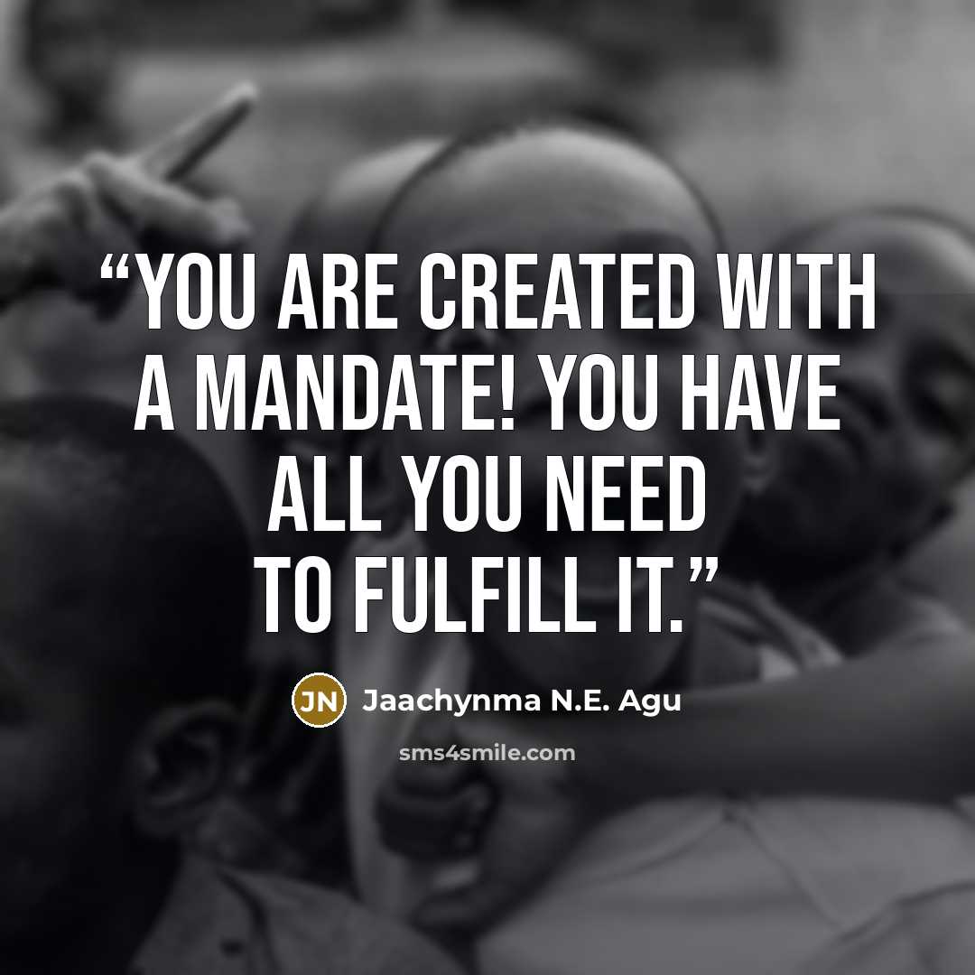 “You are created with a mandate! You have all you need to fulfill it.” quote by Jaachynma N.E. Agu