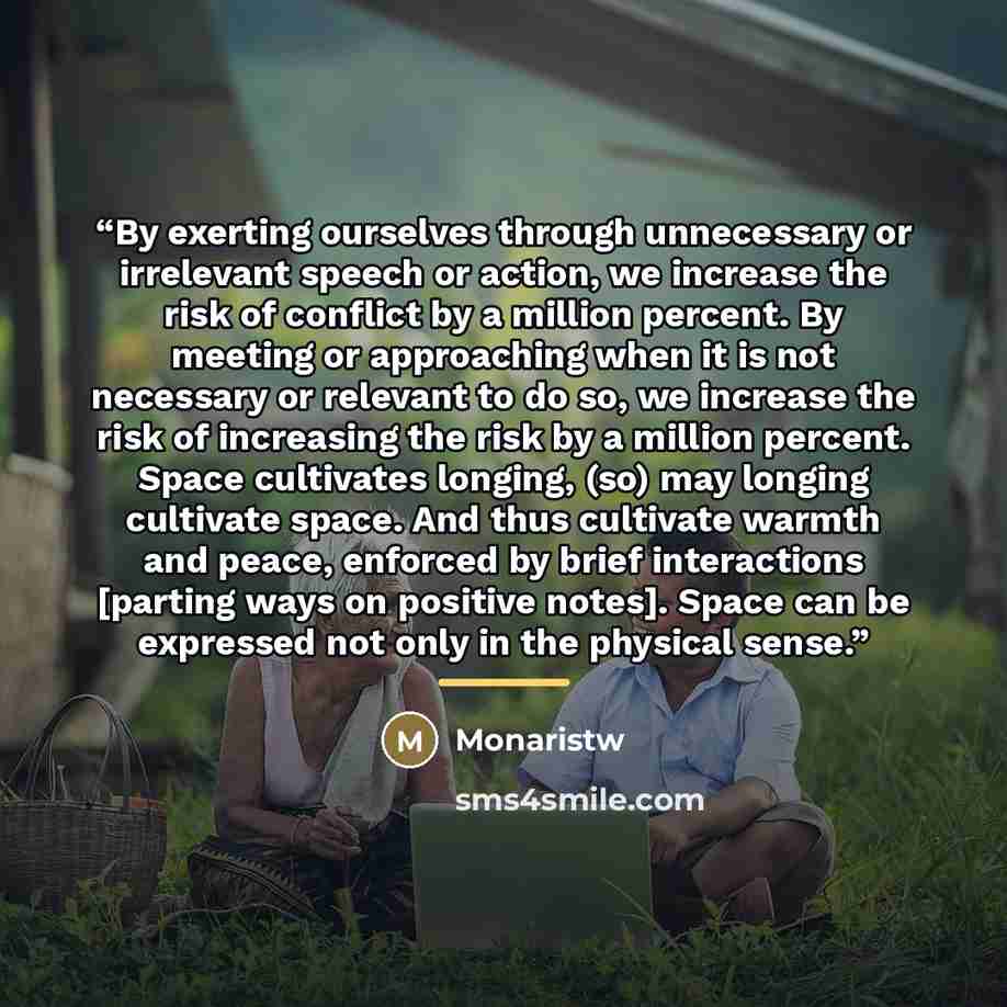 “By exerting ourselves through unnecessary or irrelevant speech or action, we increase the risk of conflict by a million percent. By meeting or approaching when it is not necessary or relevant to do so, we increase the risk of increasing the risk by a million percent. Space cultivates longing, (so)…” quote by Monaristw