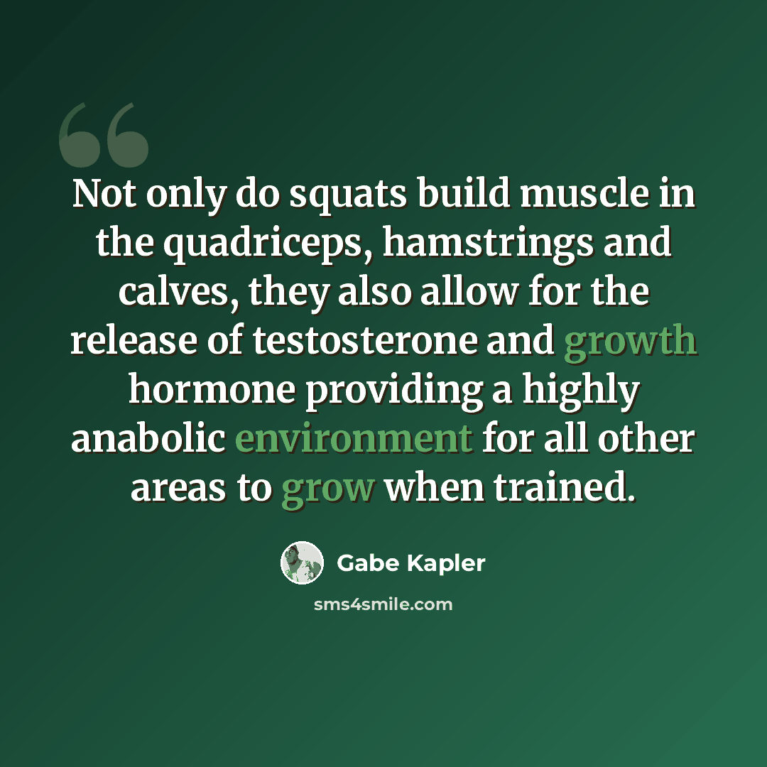 “Not only do squats build muscle in the quadriceps, hamstrings and calves, they also allow for the release of testosterone and growth hormone providing a highly anabolic environment for all other areas to grow when trained.” quote by Gabe Kapler