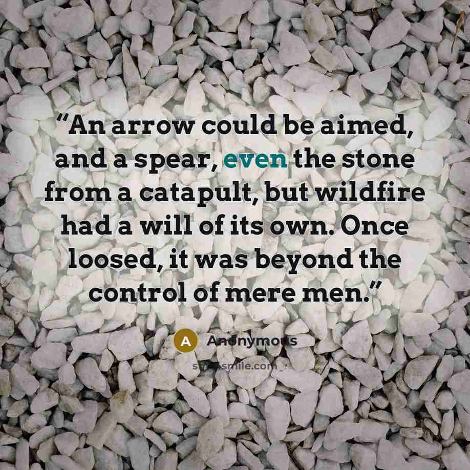“An arrow could be aimed, and a spear, even the stone from a catapult, but wildfire had a will of its own. Once loosed, it was beyond the control of mere men.” quote by Anonymous