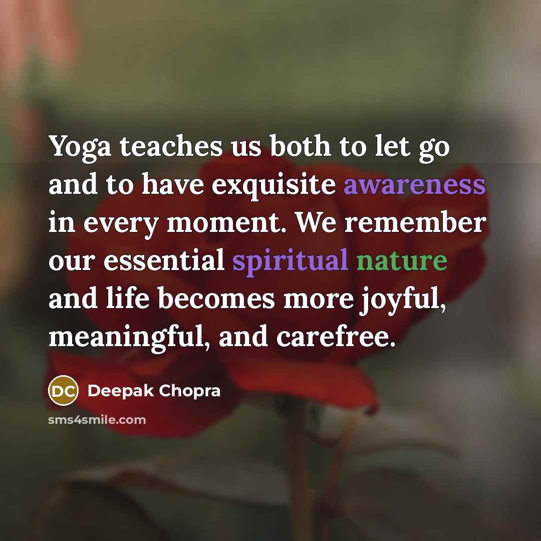 “Yoga teaches us both to let go and to have exquisite awareness in every moment. We remember our essential spiritual nature and life becomes more joyful, meaningful, and carefree.” quote by Deepak Chopra