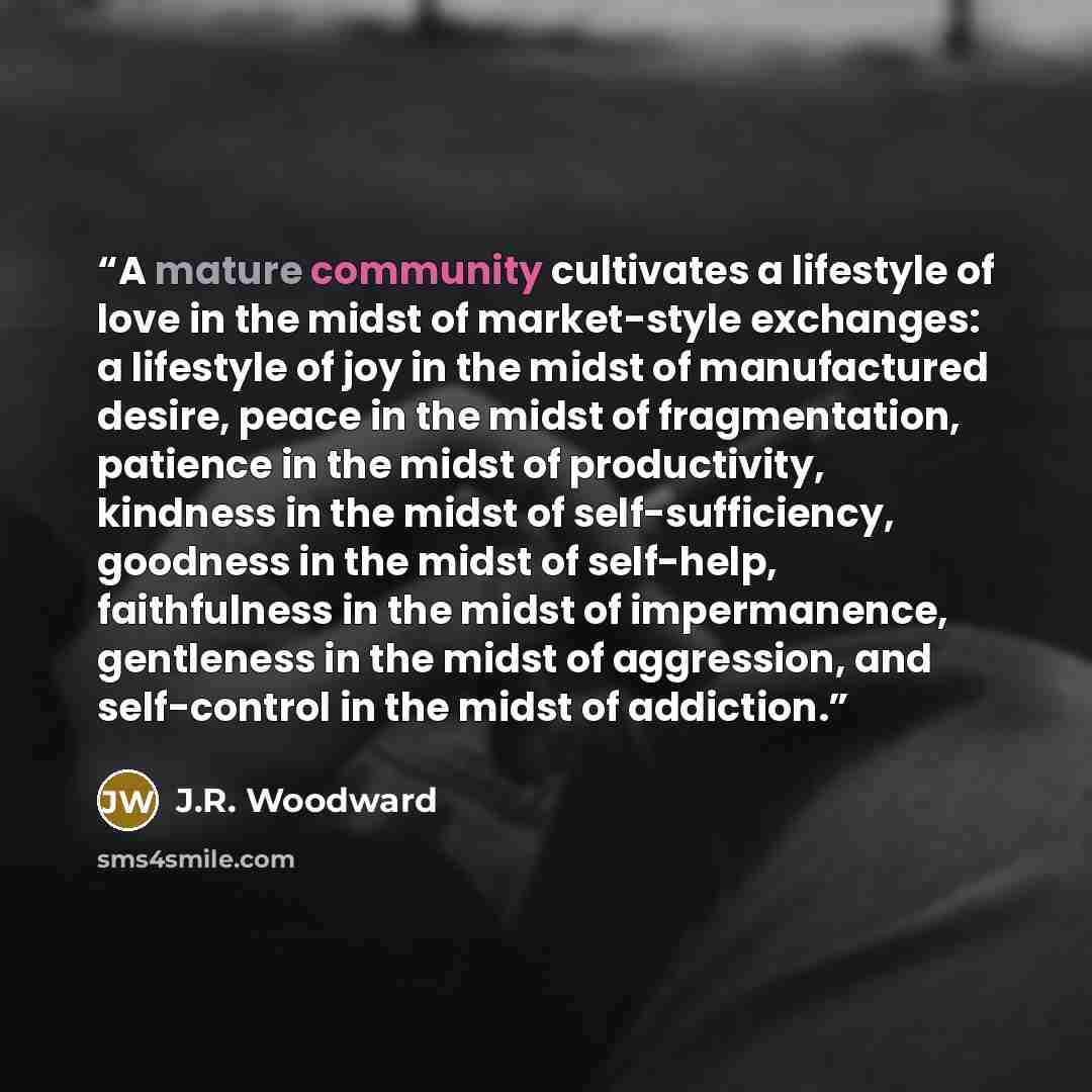 “A mature community cultivates a lifestyle of love in the midst of market-style exchanges: a lifestyle of joy in the midst of manufactured desire, peace in the midst of fragmentation, patience in the midst of productivity, kindness in the midst of self-sufficiency, goodness in the midst of…” quote by J.R. Woodward