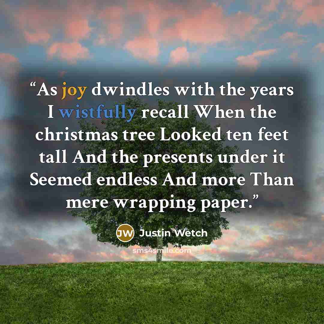 “As joy dwindles with the years I wistfully recall When the christmas tree Looked ten feet tall And the presents under it Seemed endless And more Than mere wrapping paper.” quote by Justin Wetch