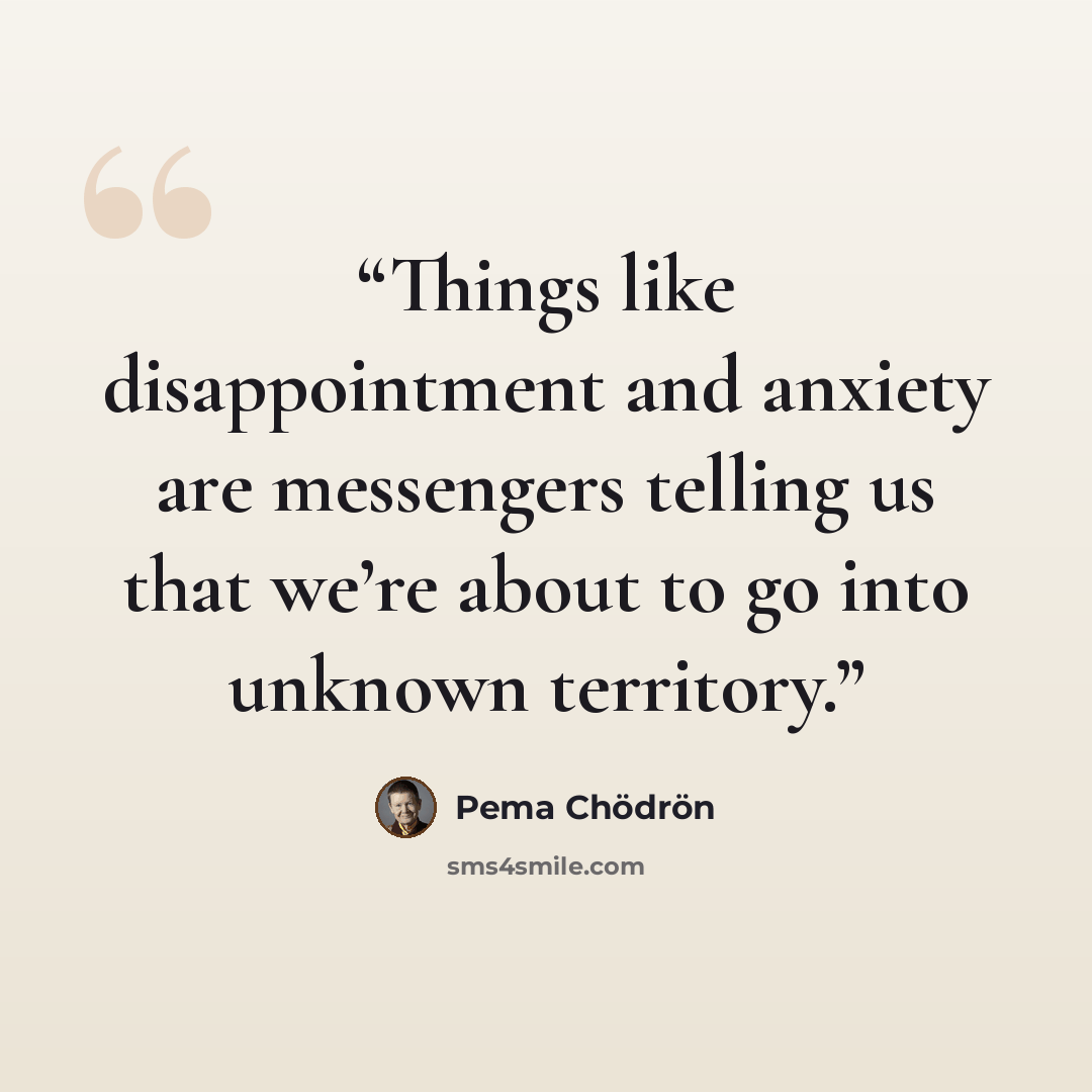 “Things like disappointment and anxiety are messengers telling us that we’re about to go into unknown territory.” quote by Pema Chödrön