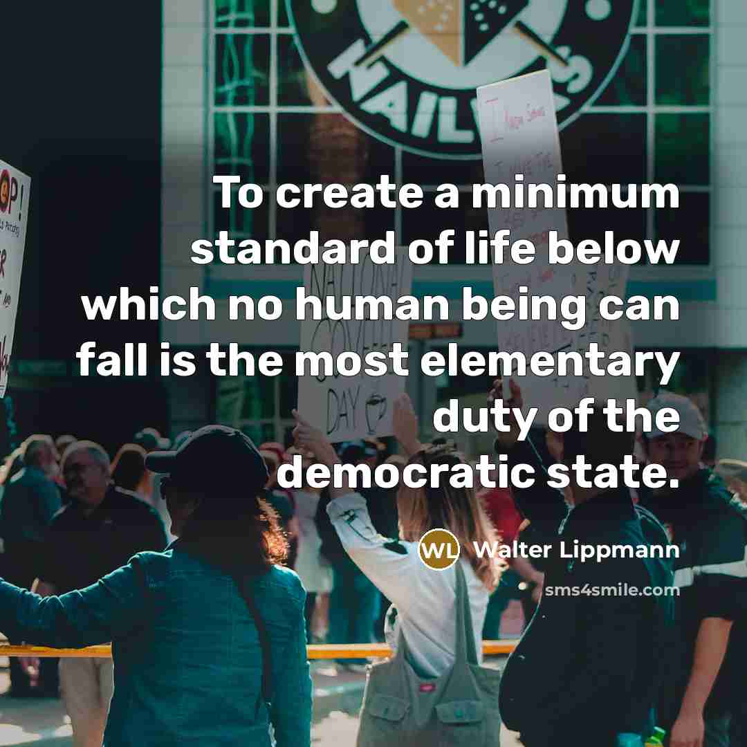“To create a minimum standard of life below which no human being can fall is the most elementary duty of the democratic state.” quote by Walter Lippmann