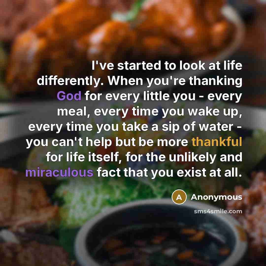 “I've started to look at life differently. When you're thanking God for every little you - every meal, every time you wake up, every time you take a sip of water - you can't help but be more thankful for life itself, for the unlikely and miraculous fact that you exist at all.” quote by Anonymous