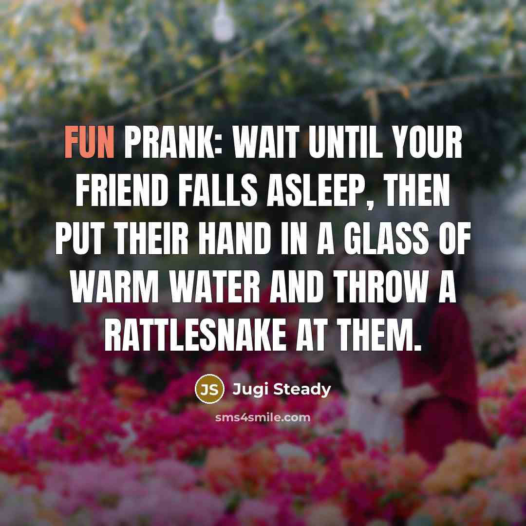 “Fun Prank: Wait until your friend falls asleep, then put their hand in a glass of warm water and throw a rattlesnake at them.” quote by Jugi Steady
