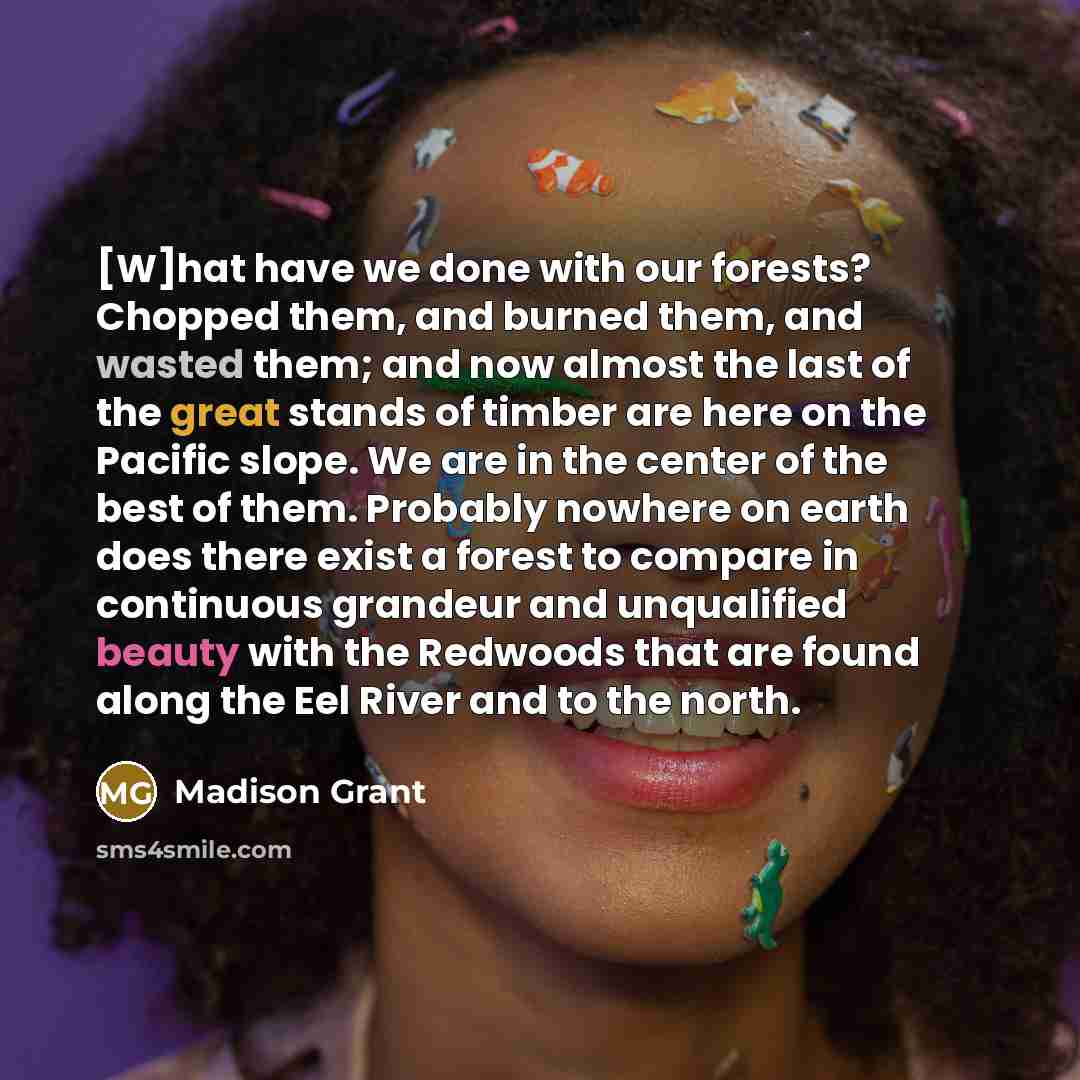 “[W]hat have we done with our forests? Chopped them, and burned them, and wasted them; and now almost the last of the great stands of timber are here on the Pacific slope. We are in the center of the best of them. Probably nowhere on earth does there exist a forest to compare in continuous grandeur…” quote by Madison Grant