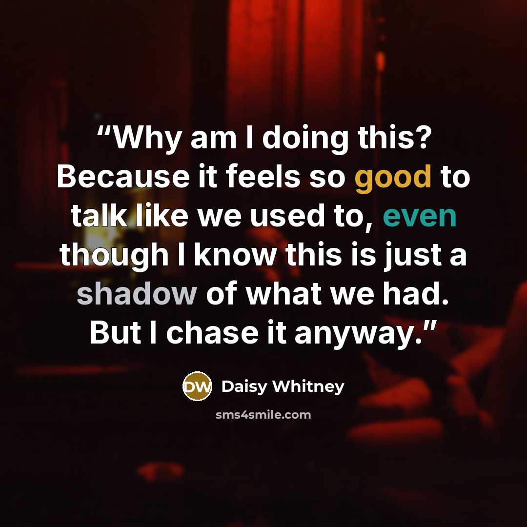 “Why am I doing this? Because it feels so good to talk like we used to, even though I know this is just a shadow of what we had. But I chase it anyway.” quote by Daisy Whitney
