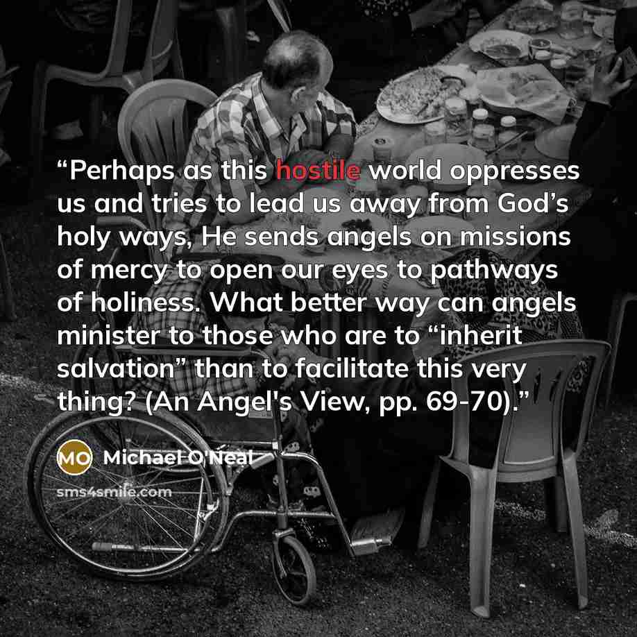 “Perhaps as this hostile world oppresses us and tries to lead us away from God’s holy ways, He sends angels on missions of mercy to open our eyes to pathways of holiness. What better way can angels minister to those who are to “inherit salvation” than to facilitate this very thing? (An Angel's…” quote by Michael O'Neal