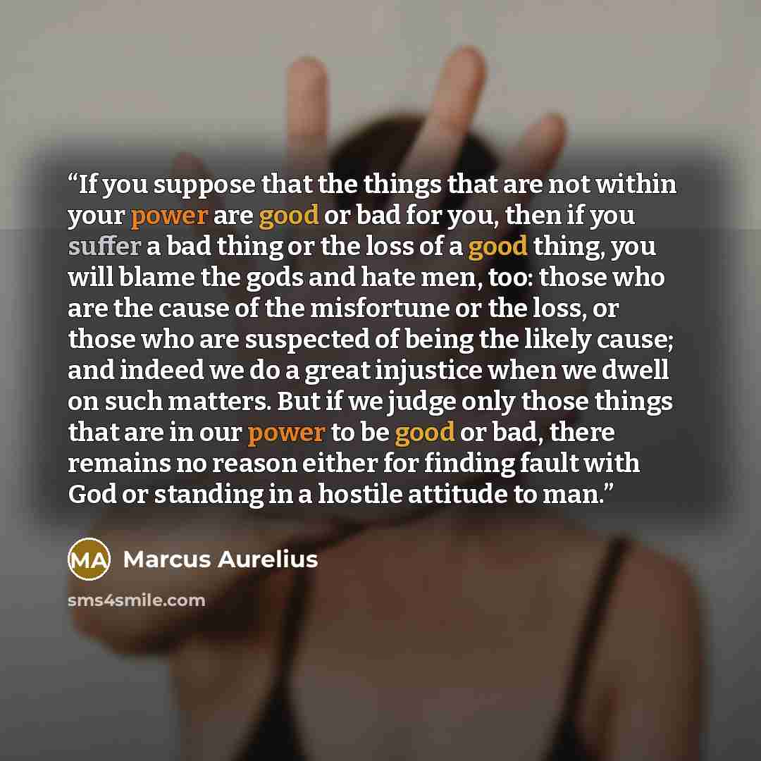 “If you suppose that the things that are not within your power are good or bad for you, then if you suffer a bad thing or the loss of a good thing, you will blame the gods and hate men, too: those who are the cause of the misfortune or the loss, or those who are suspected of being the likely cause…” quote by Marcus Aurelius