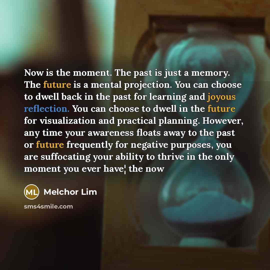 “Now is the moment. The past is just a memory. The future is a mental projection. You can choose to dwell back in the past for learning and joyous reflection. You can choose to dwell in the future for visualization and practical planning. However, any time your awareness floats away to the past or…” quote by Melchor Lim