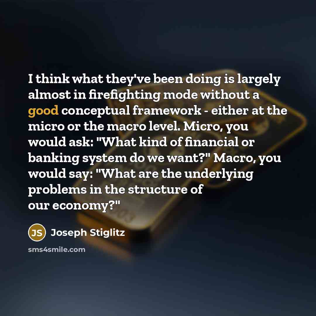“I think what they've been doing is largely almost in firefighting mode without a good conceptual framework - either at the micro or the macro level. Micro, you would ask: "What kind of financial or banking system do we want?" Macro, you would say: "What are the underlying problems in the structure…” quote by Joseph Stiglitz