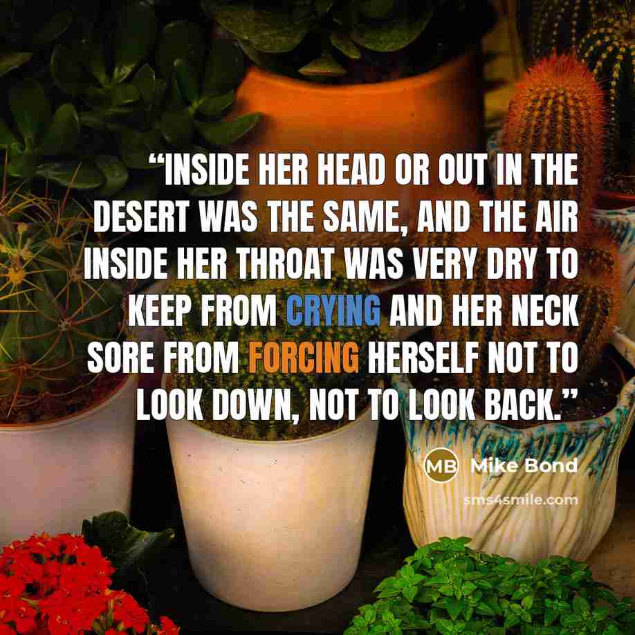 “Inside her head or out in the desert was the same, and the air inside her throat was very dry to keep from crying and her neck sore from forcing herself not to look down, not to look back.” quote by Mike Bond