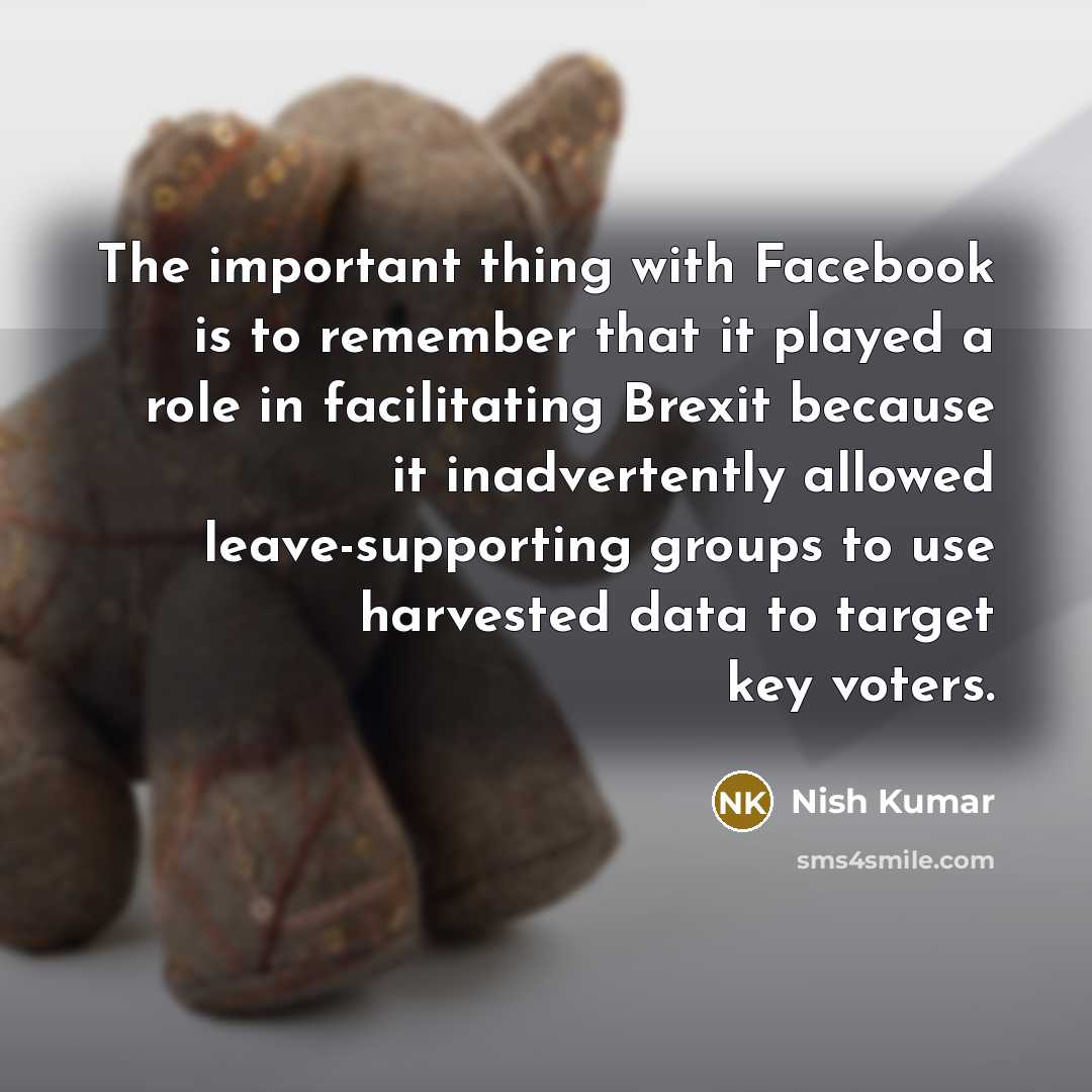 “The important thing with Facebook is to remember that it played a role in facilitating Brexit because it inadvertently allowed leave-supporting groups to use harvested data to target key voters.” quote by Nish Kumar