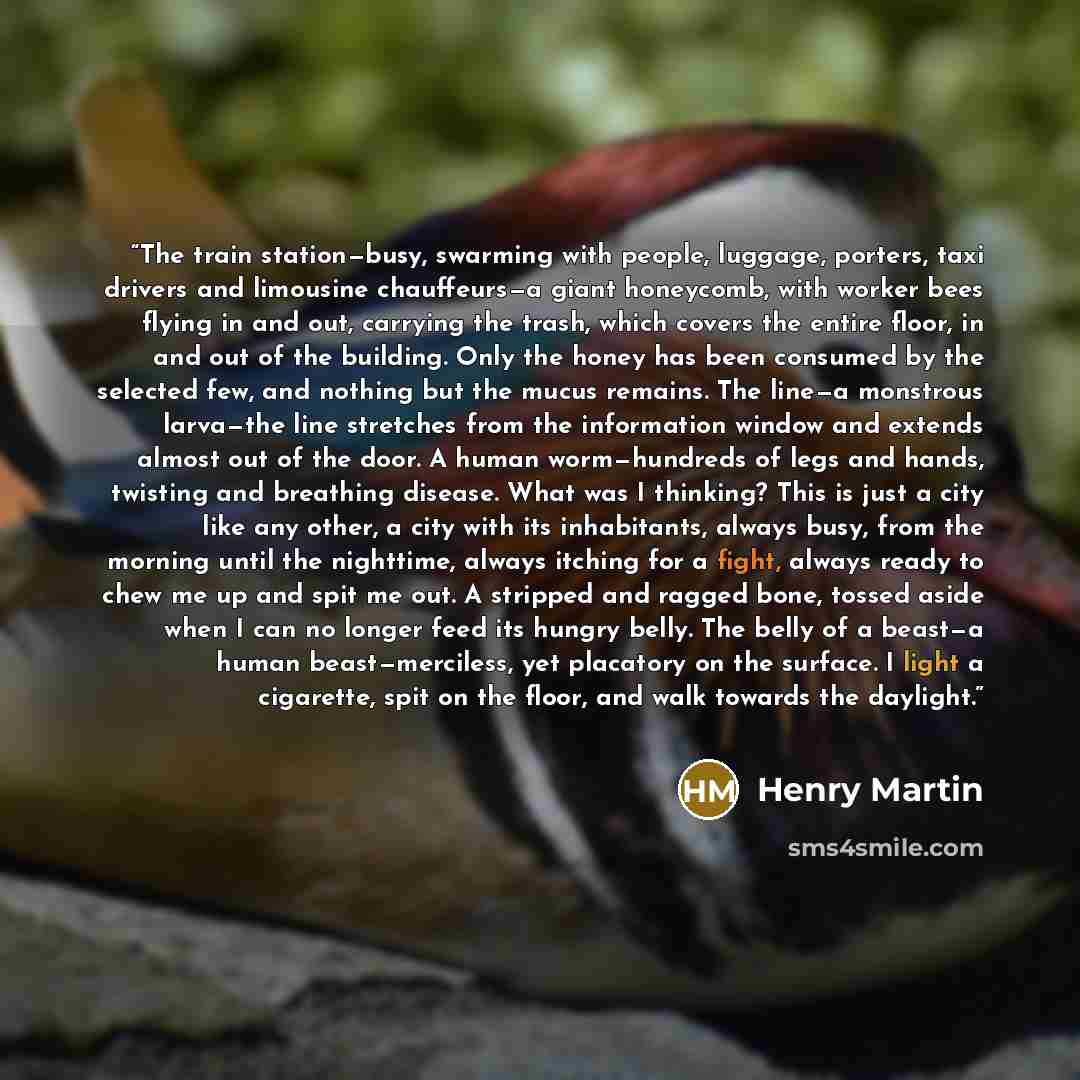 “The train station—busy, swarming with people, luggage, porters, taxi drivers and limousine chauffeurs—a giant honeycomb, with worker bees flying in and out, carrying the trash, which covers the entire floor, in and out of the building. Only the honey has been consumed by the selected few, and…” quote by Henry Martin