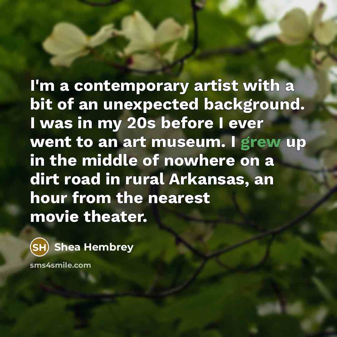 “I'm a contemporary artist with a bit of an unexpected background. I was in my 20s before I ever went to an art museum. I grew up in the middle of nowhere on a dirt road in rural Arkansas, an hour from the nearest movie theater.” quote by Shea Hembrey