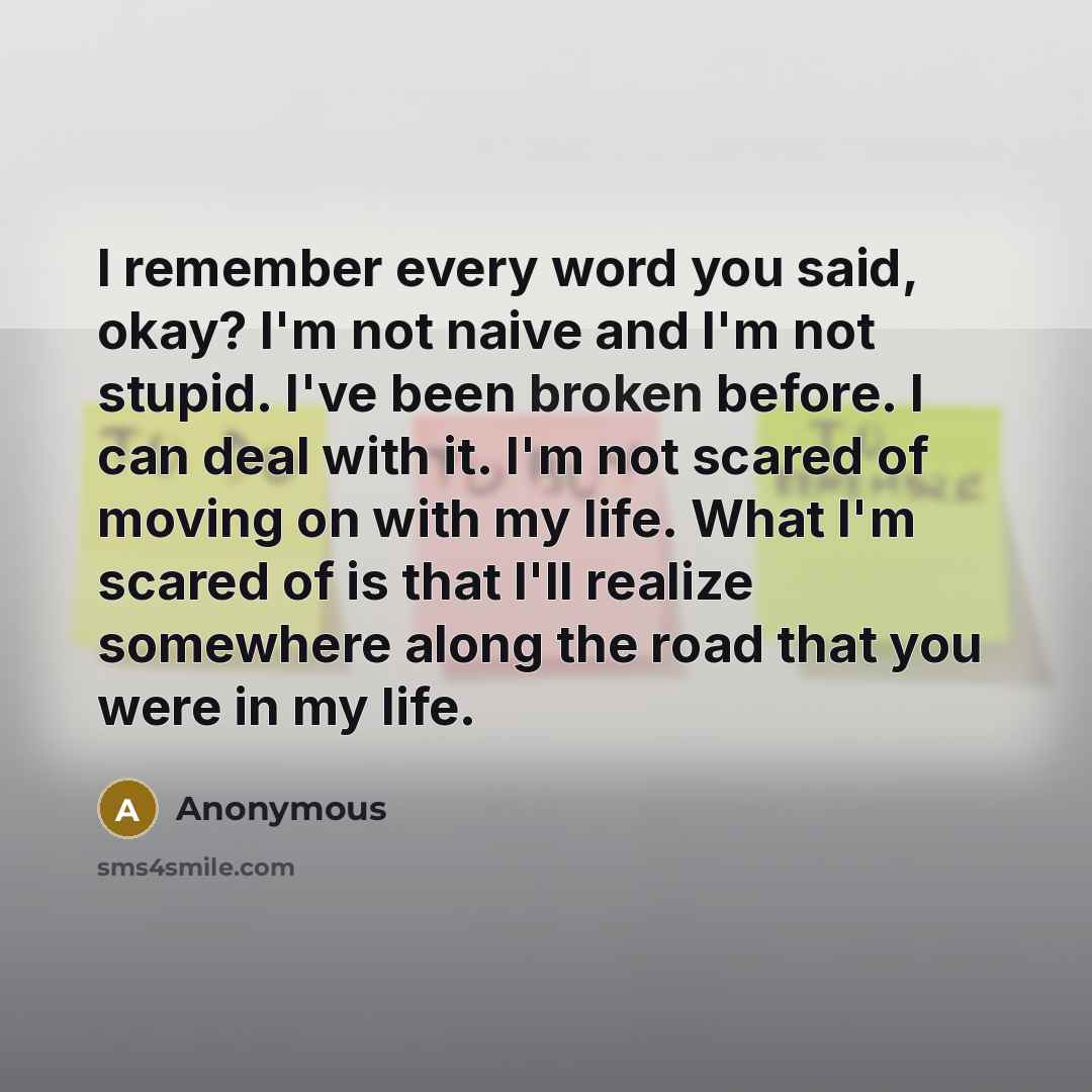“I remember every word you said, okay? I'm not naive and I'm not stupid. I've been broken before. I can deal with it. I'm not scared of moving on with my life. What I'm scared of is that I'll realize somewhere along the road that you were in my life.” quote by Anonymous