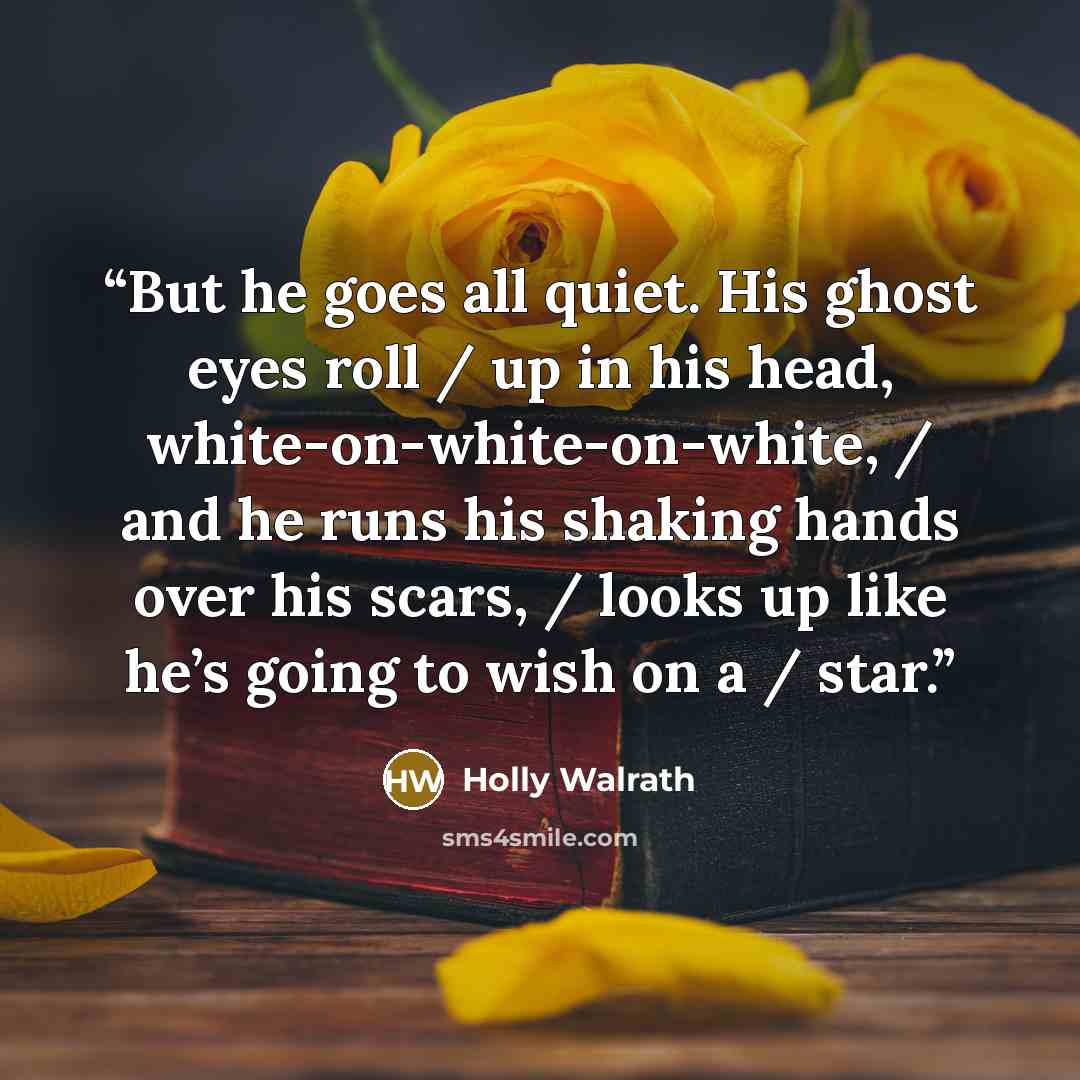“But he goes all quiet. His ghost eyes roll / up in his head, white-on-white-on-white, / and he runs his shaking hands over his scars, / looks up like he’s going to wish on a / star.” quote by Holly Walrath