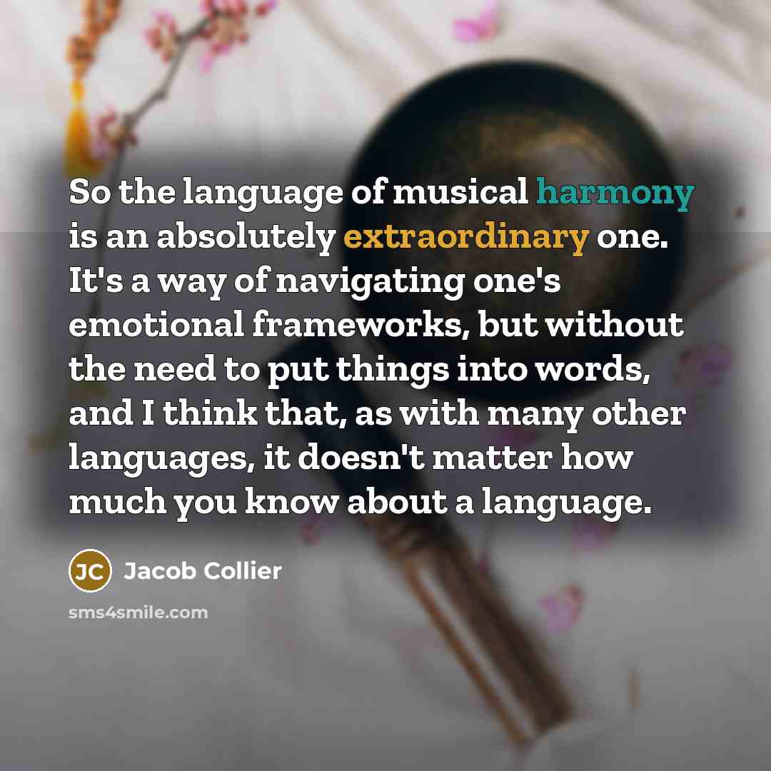 “So the language of musical harmony is an absolutely extraordinary one. It's a way of navigating one's emotional frameworks, but without the need to put things into words, and I think that, as with many other languages, it doesn't matter how much you know about a language.” quote by Jacob Collier